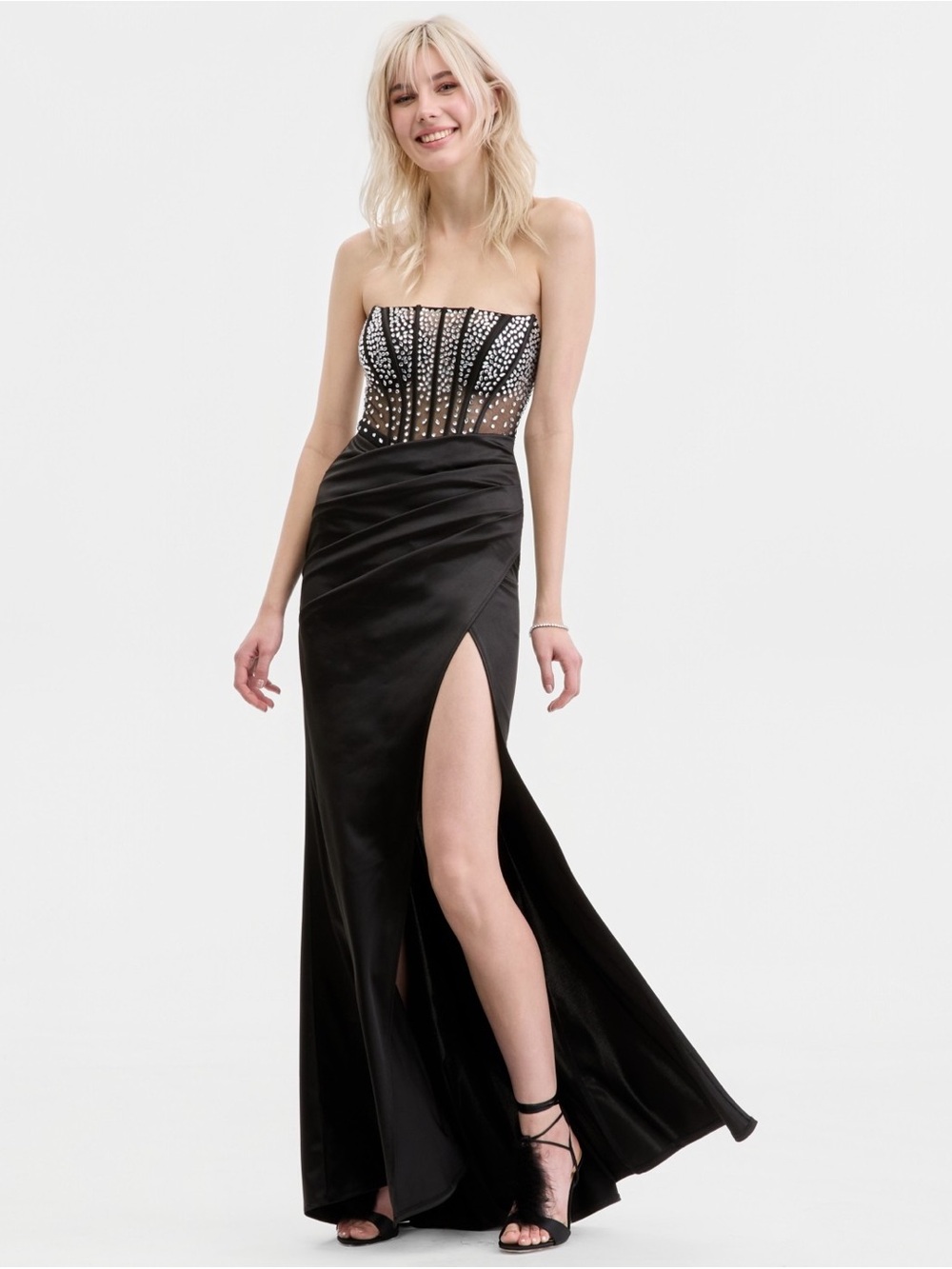 B.Darlin Juniors' Illusion-Rhinestones Bodice High-Slit strapless Gown,Black.R9A
